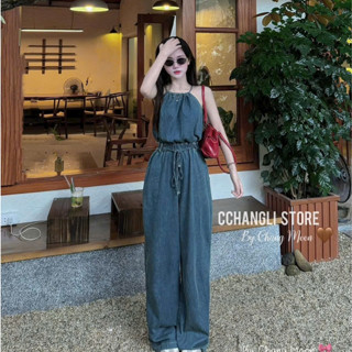  Jumpsuit thời trang nữ jumpsuit jean QC cổ yếm hở vai eo bo chun buộc dây quần dài ống rộng phong cách hàn quốc cá tíh 