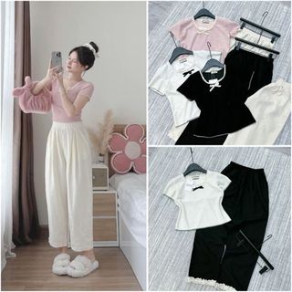 Set Bộ Áo thun nữ tay ngắn thiết ren viền kèm quần suông đũi nhún S19