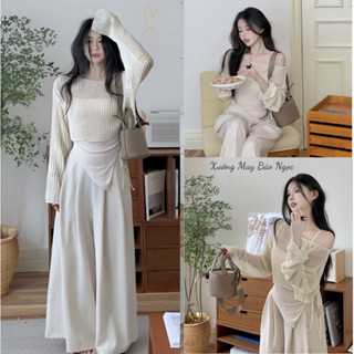  Set Đồ Nữ 3 Món Áo Croptop Lưới 2 Dây Lệch Vai Mix Với Quần Ống Rộng Xinh Mê Luôn Xưởng May Bảo Ngọc 