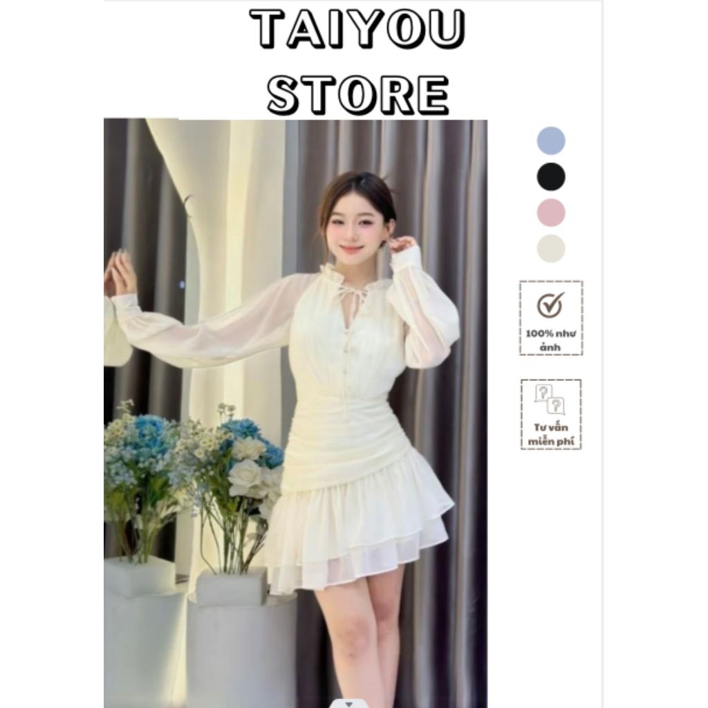 Váy Dự tiệc Tiểu Thư Dáng Xòe TAIYOU STORE Váy Voan Tơ Tay Dài Cách Điệu Xinh Xắn, Đầm Đi Chơi, Đi T