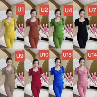 40-77 kí, bộ thun xốp áo kiểu quần ống túm, tay phồng có nơ, nhún trước ngực xinh xắn, mặc nhà đi chơi thoải mái