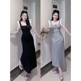 🛒 Đầm In Chấm Bi Sát Nách Ba Lỗ Cổ Vuông Đính Nơ - Tay Viền Bèo Cánh Tiên Trắng - Dài Midi Ôm Body Sexy Bánh Bèo Cute