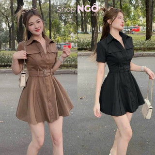  Đầm vay nữ đi chơi đầm kaki sơ mi 2 túi kèm nịt dáng xoè ngắn thanh lịch sang trọng dành cho nàng đi tiệc  đi làm 