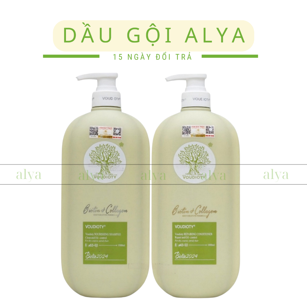 Cặp Dầu Gội Xả Biotin Collagen Voudioty Xanh Lá Mẫu Mơi 2024 Kiềm Dầu, Giảm Rụng, Phục Hồi Tóc Hư Tổn