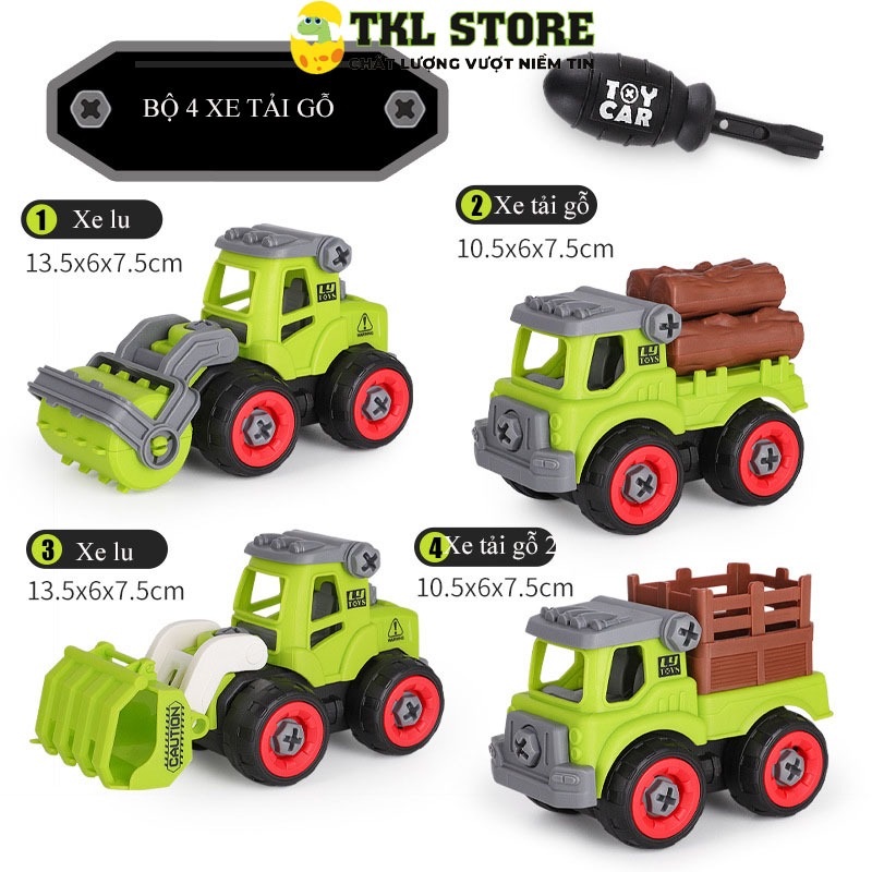 Đồ chơi lắp ráp - Bộ 4 xe khai thác lâm sản kèm dụng cụ tháo lắp - TKL STORE