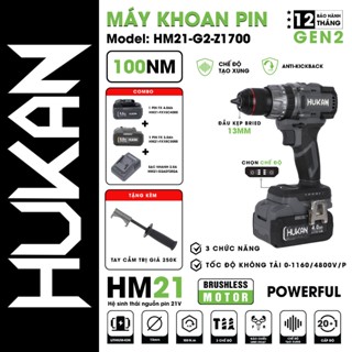  Máy khoan pin HUKAN HM21-G2-Z1700 100Nm 3 Chức năng Đầu kẹp 13mm Có tạo xung + Antikick-back 