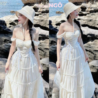 Set váy dài đi biển chất tơ xốp phối ren kèm mút áo trễ vai nhún eo kem dây thắt nơ xòe kiểu dáng tinh khôi KÈM ẢNH THẬT