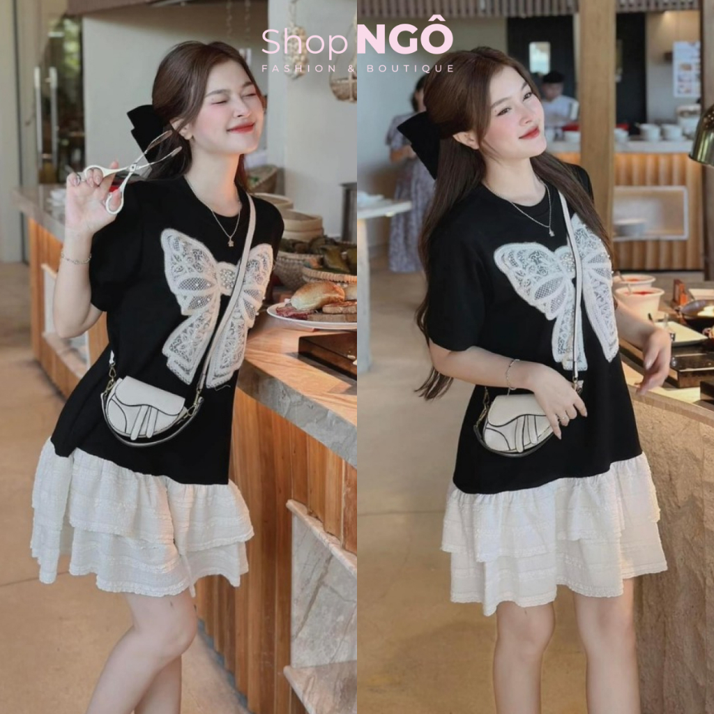 Đầm thiết kế thời trang nữ siêu xinh cho nàng dạo phố, đầm babydoll tay ngắn cho nàng chuppy, mẹ bầu đính nơ phối tầng