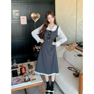 Đầm Ghi Tay Dài Nơ Xinh Phối Ren Cổ V Tiểu Thư Xinh Nhẹ Nhàng JARI CLOTHES