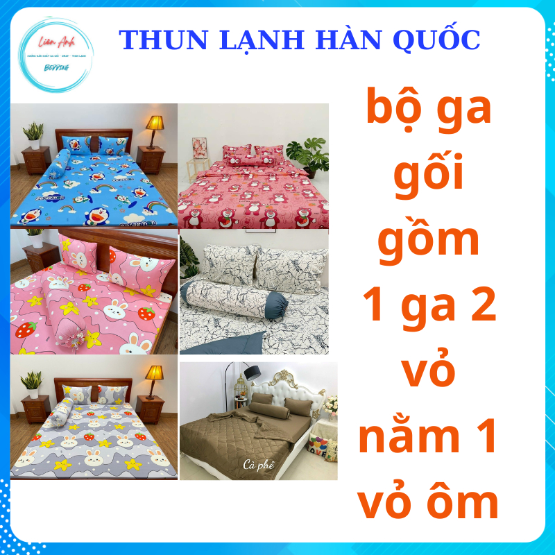 Bộ ga giường, Drap nệm Thun Lạnh Hàn Quốc 4 món họa tiết GẤU DÂU (1 ga bọc + 2 vỏ gối nằm + 1 vỏ gối