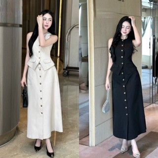  A7 SET ÁO GILE VEST + CHÂN VÁY XẺ VAI VẢI LỤA HÀN MỀM MỊN THOÁNG MÁT ĐỦ SIZE S,M,L,XL Kem Màu Đen Women Nữ 