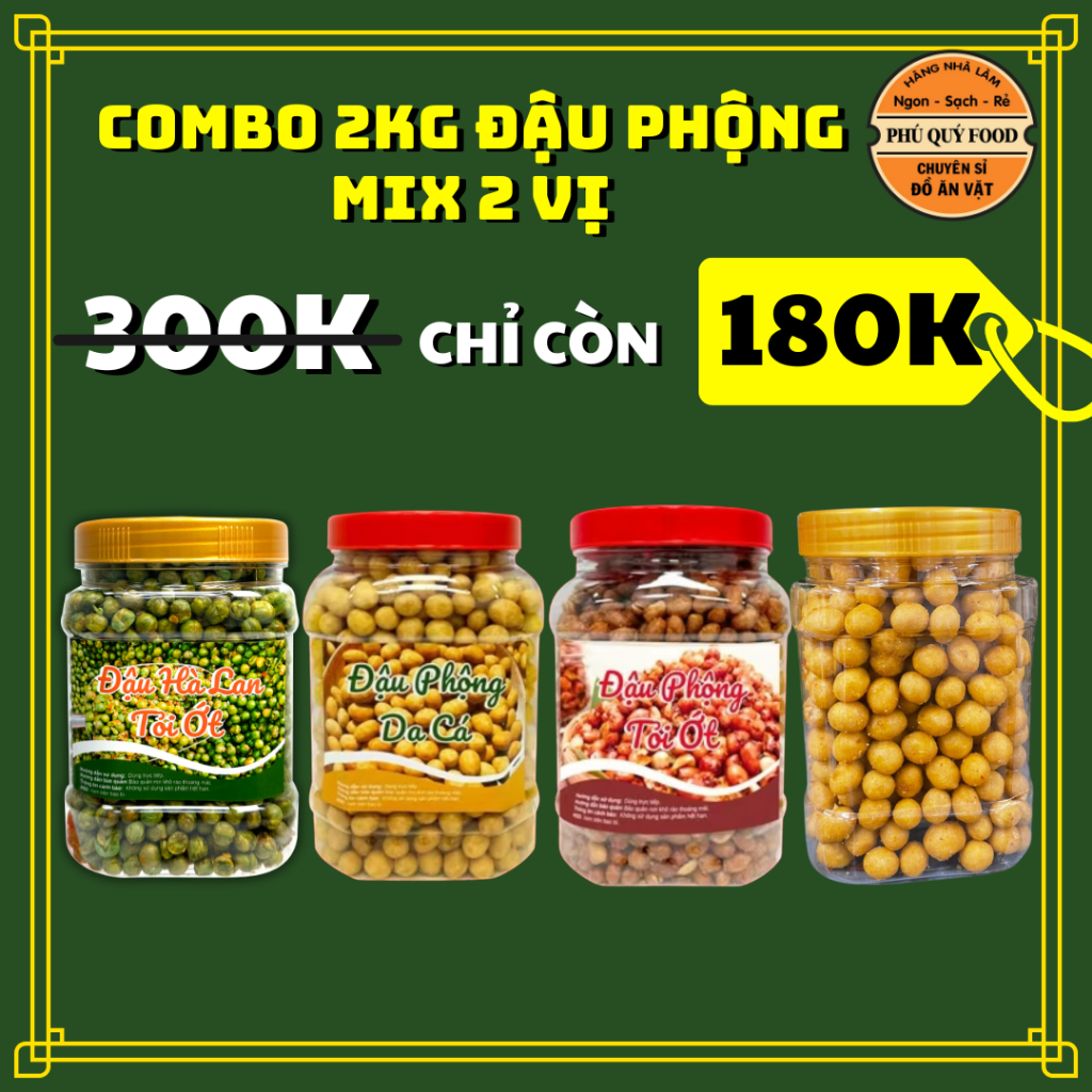 Combo 2Kg Đậu Mix 4 Vị [500g Đậu Phộng Tỏi Ớt + 500g Đậu Phộng Cốt Dừa + 500g Đậu Hà Lan Tỏi Ớt + 500g  Da Cá Tỏi ớt ]