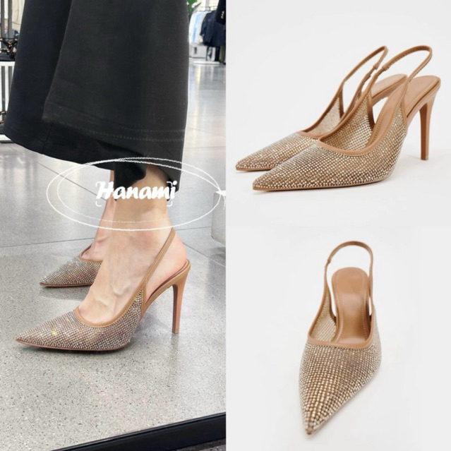 Giày ZR mũi nhọn đính đá hạt lấp lánh dáng (FORM TO)slingback fullbox, tag