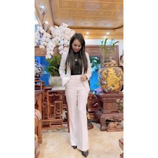 Set vest nữ blazer công sở QUYNH DESIGN cao cấp thiết kế áo chiết eo dài tay quần ống loe màu trắng