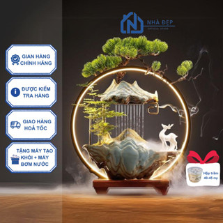 Thác nước phong thuỷ tiểu cảnh để bàn tượng hươu, thác khói trầm decor trang trí nhà cửa, an nhiên