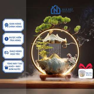 Thác Nước Phong Thủy Trầm Hương Decor Đèn Led Tượng Phật Di Lặc, Hươu Tài Lộc Trang Trí Nhà Cửa