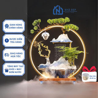 Thác nước phong thủy tượng hươu tài lộc may mắn decor tiểu cảnh nhà cửa trang trí phòng làm việc