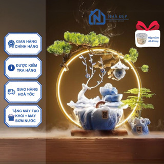 Thác khói nước phong thủy tượng hươu tài lộc để bàn decor kèm đèn led trang trí văn phòng tiểu cảnh