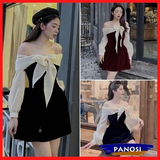 Váy kiểu nữ trễ vai váy nhung tiểu thư thắt nơ dài tay sang chảnh đầm dự tiệc V748 PANOSI