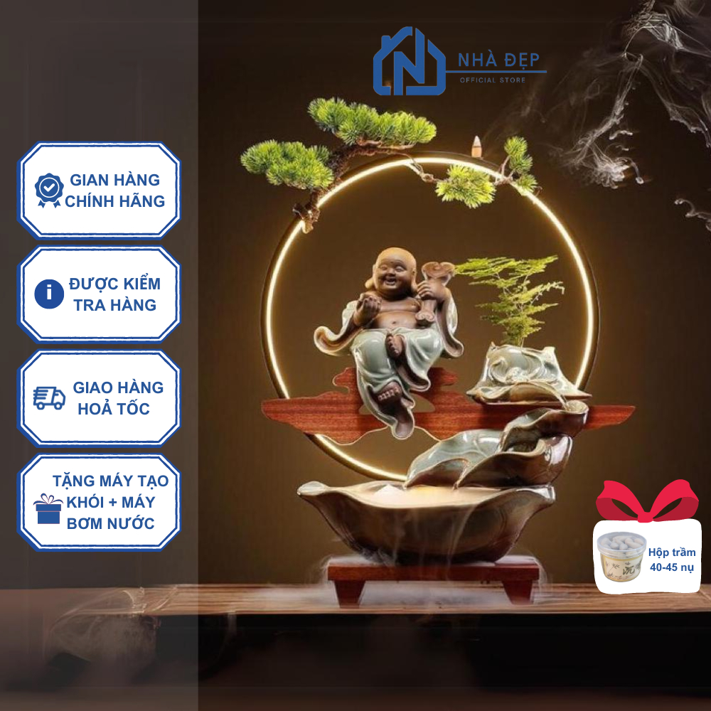 Thác nước tượng phật Di Lặc gốm tử sa kích thước to kèm đèn led trang trí decor phong thủy tiểu cảnh