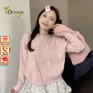 Áo Khoác Len Dệt Kim Cổ Tròn, Áo Len Lông Thỏ Mềm Mại Cài Hoa Tay Dài Cài Cúc Ngọc Phong Cách Hàn Quốc Giữ Ấm Orangeclos