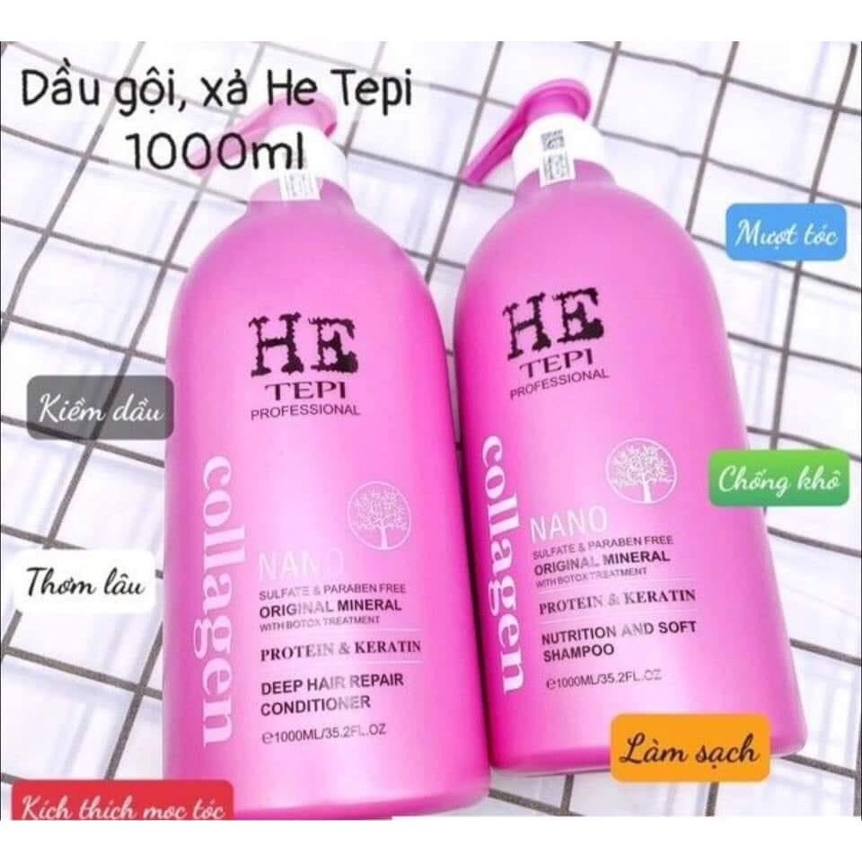Dầu Gội Xả HE Tepi Collagen 1000ml Hương Nước Hoa Phục Hồi Tóc Khô Xơ Hư Tổn