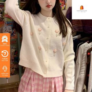 Áo Cadigan Len Lông Thỏ, Áo Len Dệt Kim Đính Hoa Cài Khuy Ngọc Chất Mềm Phong Cách Hàn Quốc Dễ Thương Shopquacam