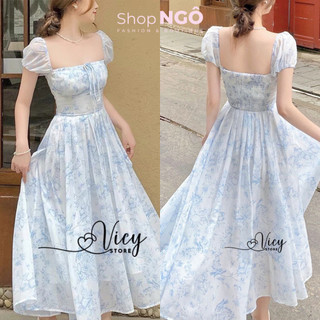 Đầm váy dài - Đầm váy thời trang nữ mặc đi chơi biển chất voan hoa VĂN cỏ vuông tay bồng có mút dáng dài xoè bánh bèo
