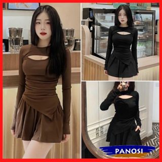 Set bộ đồ nữ sang chảnh set bộ áo dài khoét ngực vạt chéo sexy ôm body phối quần short xòe nỉ tăm cao cấp PANOSI - B852