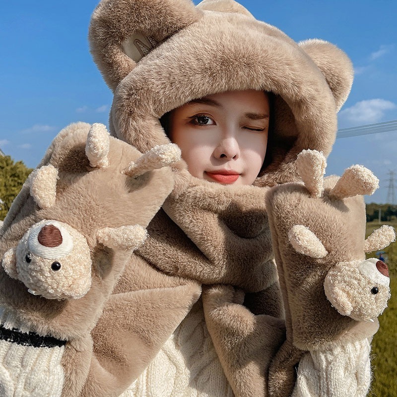  MŨ GẤU LÔNG THỎ  Hàng loai 1  3n1Mũ trùm đầu lmũ len kèm khăn choàng cổ và găng tay GẮN  hình gấu dễ thương 