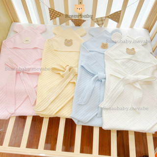 Choàng Ủ Trần Bông Ome’s 2 lớp Đính Gấu Kèm Đai Nơ Cho Bé Kích Thước 70x80cm