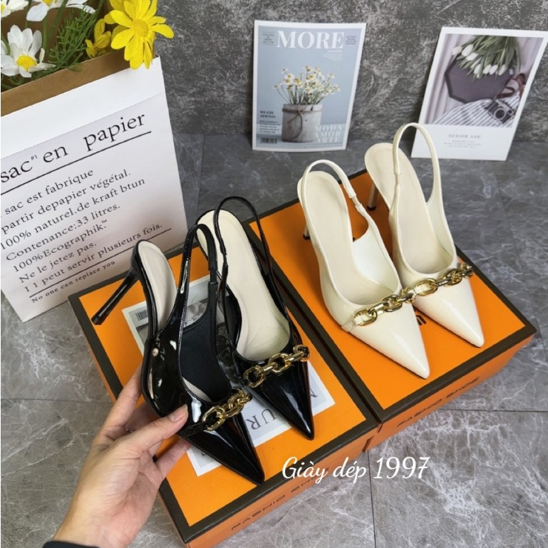 Giày cao gót 9p quai hậu mũi nhọn xích vàng da bóng mềm hàng cao cấp full hộp Nữ Shoes ( TT11 )