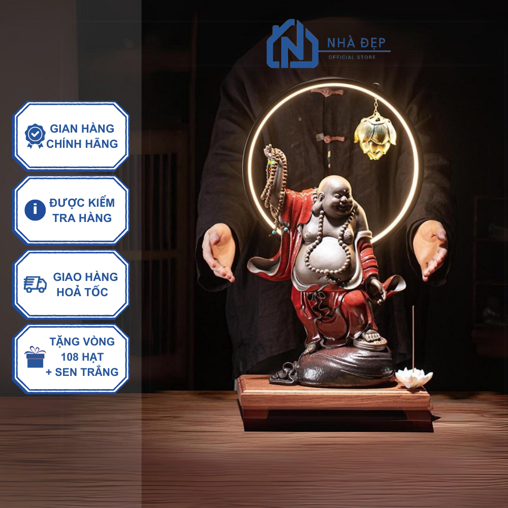 Tượng Phật Di Lặc gốm tử sa kèm thác khói trầm hương kệ đèn led trang trí decor phong thủy an nhiên