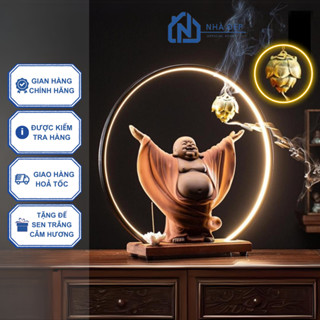 Tượng Phật Di Lặc giang tay, tượng Di Lạc gốm tử sa kèm thác khói trầm hương kệ đèn led trang trí