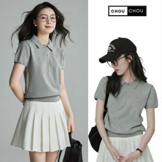 Áo len mỏng nữ cộc tay dáng ngắn cổ polo phối cúc chất len lông thỏ mịn mềm nhiều màu basic phong cách công sở Deliz