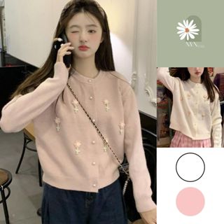 Áo Khoác Cardigan Dáng Dài, Áo Len Dệt Kim Lông Thỏ Mềm Đính Hoa Cài Khuy Ngọc From Rộng Tay Dài Cổ Tròn Hàng Qccc Nvn