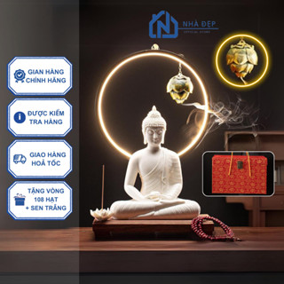 Tượng Phật Thích Ca gốm tử sa ngồi thiền an nhiên kèm kệ led decor trang trí phong thủy an nhiên