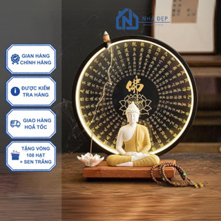 Tượng Phật Thích Ca ngồi thiền an nhiên kèm kệ đèn led bát nhã kinh tâm thác khói trầm hương decor