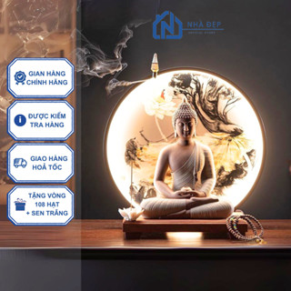 Tượng Phật Thích Ca gốm tử sa ngồi thiền an nhiên kèm kệ đèn led mặt tranh thác khói trầm hương deco