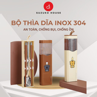 Hộp đũa thìa văn phòng INOX 304 SUZUKO HOUSE, Set muỗng nĩa gấu thỏ cute dễ thương kèm hộp đậy chống bụi TM17