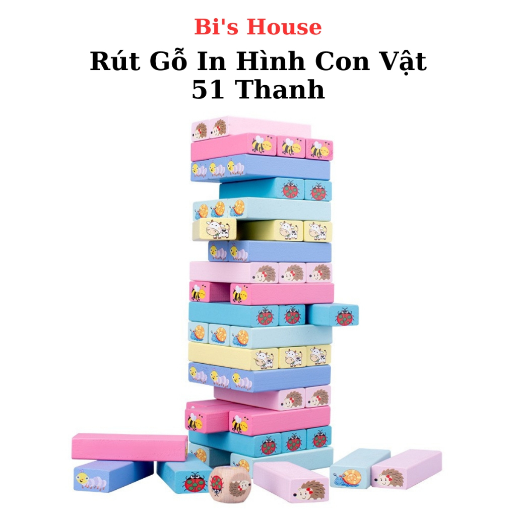 Đồ chơi rút gỗ 51 thanh nhiều màu hình con vật - đồ chơi thông minh Bi's House