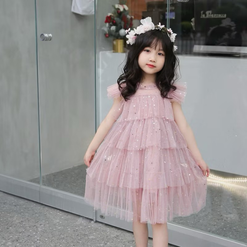 Váy voan Hồng đính kim sa lấp lánh tiểu thư 5-6 tuổi
