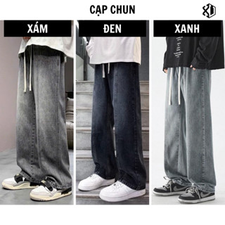 Quần jean nam cạp chun ống rộng 3 màu xám đen xanh , dáng suông dây rút có line giữa quần XESINU