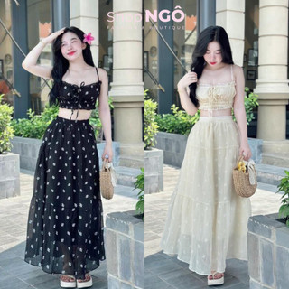  Set váy thiết kế phong cách nàng thơ cho nàng chụp ảnh cực xinh set áo 2 dây crotop phối chân váy dáng dài xòe 2 màu 