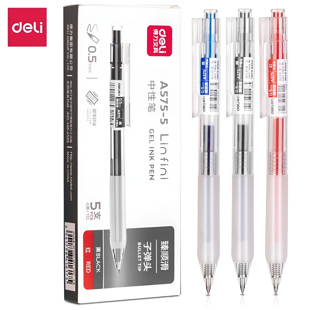 Bút Bi Nước Đen Xanh Đỏ Gel Bấm Deli A575 3 màu mực Viết Trơn Tru Ngòi 0.5mm, viết êm thay ống mực