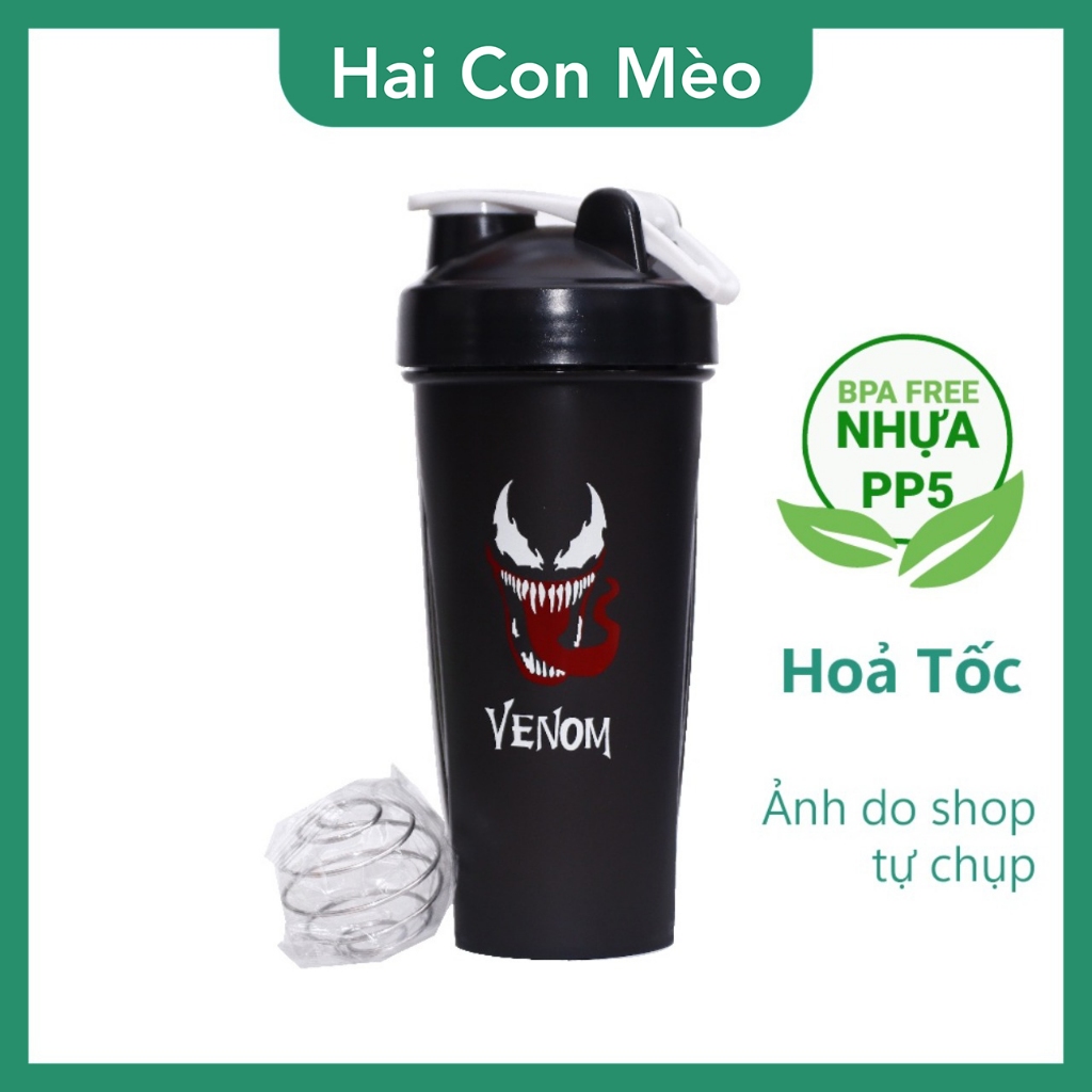 Bình lắc venom shaker whey tập gym bình nước thể thao shaker pha sữa protein kèm bóng lắc 600ml
