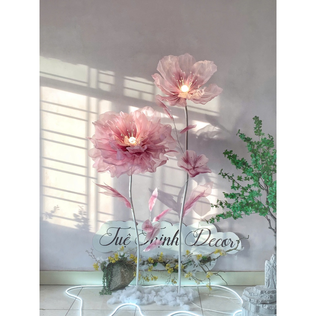 Combo Set 2 cây hoa khổng lồ vải voan màu hồng deep Decor studio, trang trí nhà cửa...
