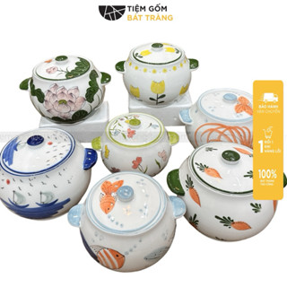    Tặng Thìa  Hũ Muối Dưa Cà Âu Đựng Mỡ Hầm Gà Có Nắp Họa Tiết Vẽ Tay Bát Tràng Decor Bếp 2 Size 