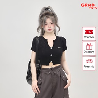 Áo croptop nữ GRADPOPU PAT43 tay ngắn cổ V xẻ tà đính khuy độc đáo, áo kiểu nữ dáng ôm chất thun mềm mịn thoáng mát