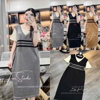 Váy Len Nữ Dáng Dài Maxi Phối Cổ Áo Thun Cộc Tay ,Váy Len Kẻ Ngang Cổ Tim Size S M - Halinh Shop